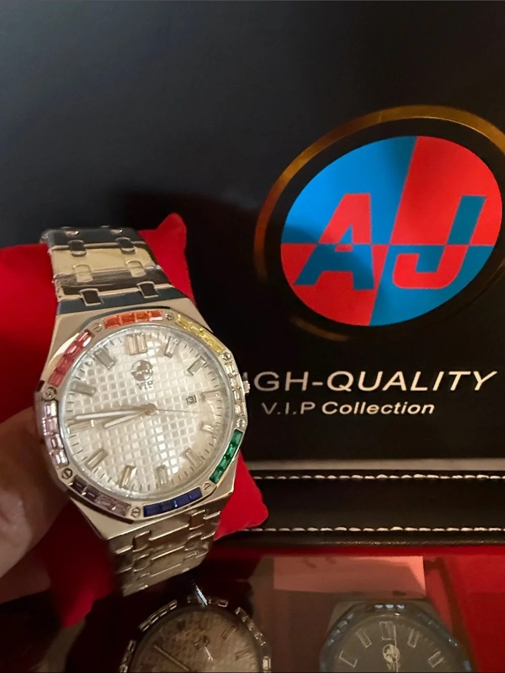 Men's Silver Stainless Steel Watch with Multicolor Bezel